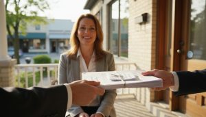 Homeowner receiving an offer package with a blurred buyer letter in front of a Georgetown, Ontario home.