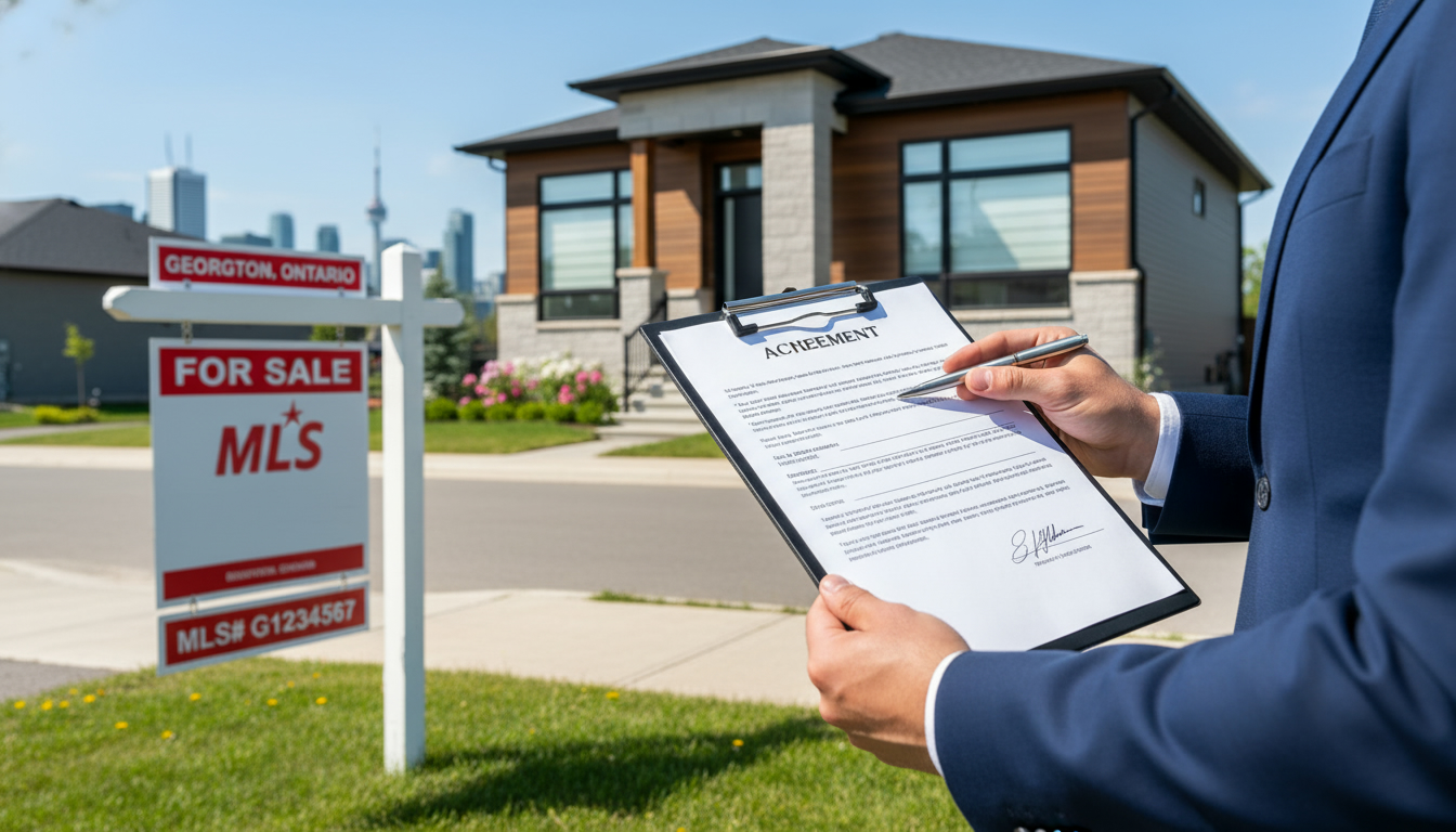 Real estate agent holding a listing agreement clipboard in front of a house for sale in Georgetown, Ontario.