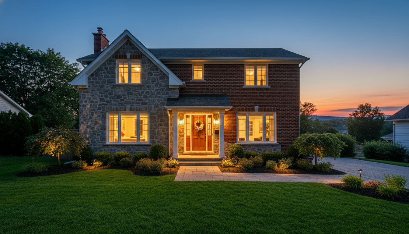 Twilight exterior photo of a Georgetown, Ontario house with warm interior lights and manicured lawn.