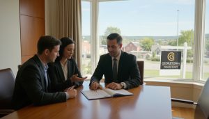 Real estate agent negotiating with sellers in a Georgetown, Ontario home with townscape visible