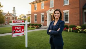 Confident homeowner in Georgetown, Ontario standing by a For Sale sign in front of a brick house in morning light.