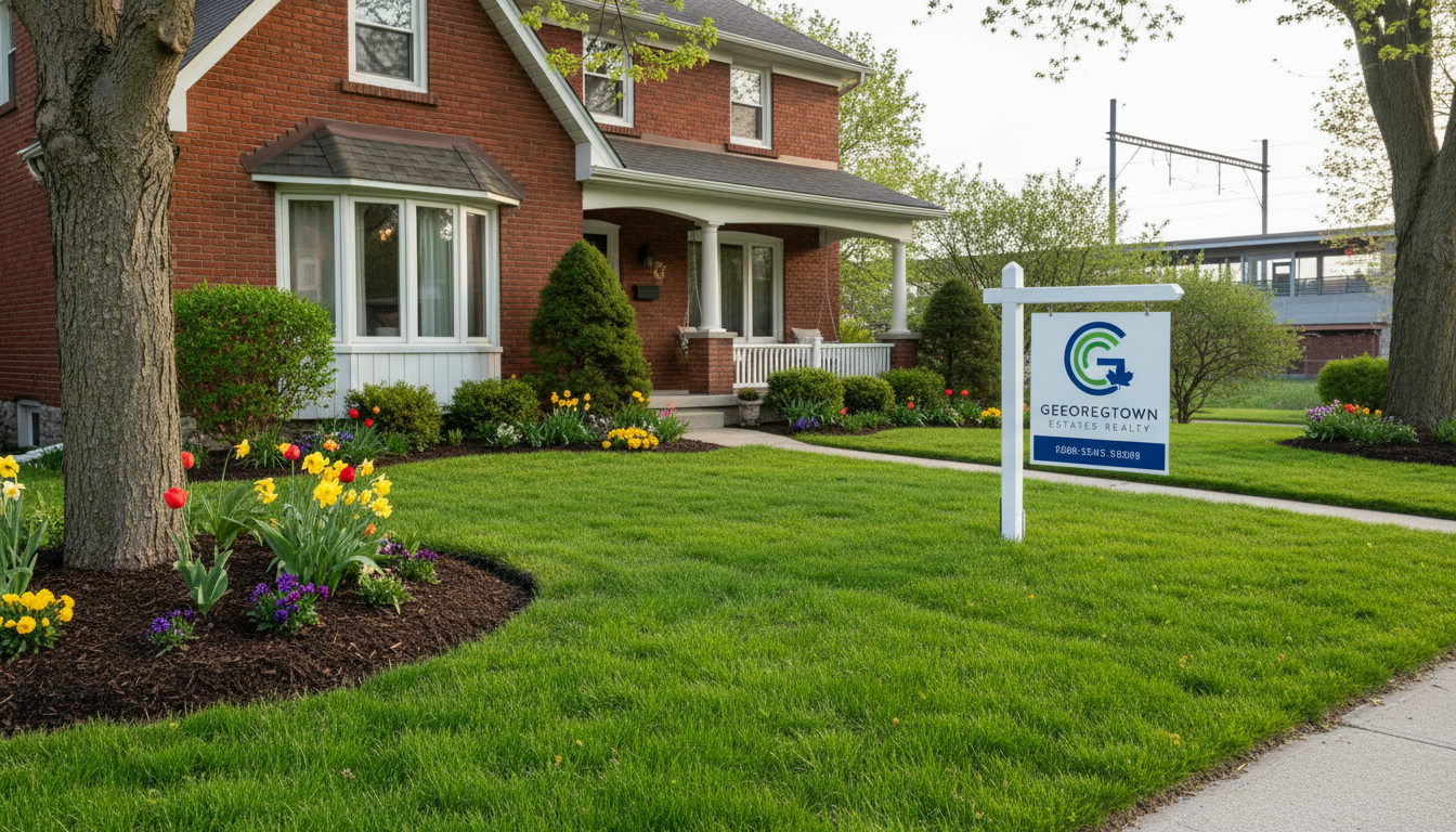 Georgetown Ontario home for sale in spring with curb appeal and a 'For Sale' sign near GO train silhouette