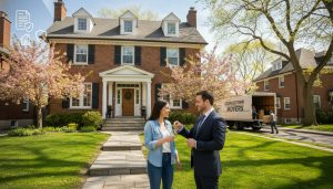 Realtor handing keys to new homeowners outside a Georgetown Ontario house with movers and insurance documents visible.
