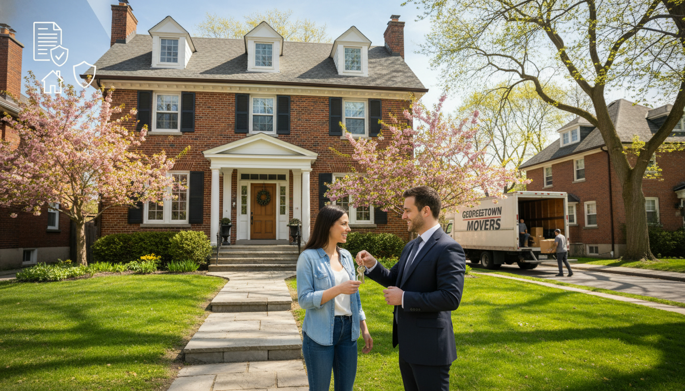 Realtor handing keys to new homeowners outside a Georgetown Ontario house with movers and insurance documents visible.