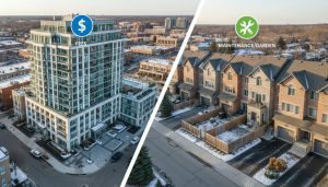 Split image of a condo building and townhouses in Georgetown Ontario illustrating maintenance differences