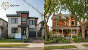 New construction home next to a mature resale house in Georgetown, Ontario with a small map inset and GO Transit icon.