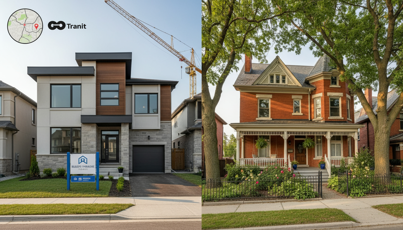 New construction home next to a mature resale house in Georgetown, Ontario with a small map inset and GO Transit icon.