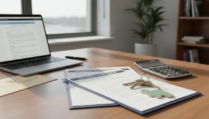 Closing documents, calculator and house keys on a desk – Georgetown real estate closing