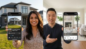 Split-screen of TikTok and Instagram Reels house listing videos with Georgetown Ontario map pin and agent holding phone.