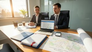 Lawyer completing a wire transfer for a home closing with Teranet registration visible and Georgetown map on desk