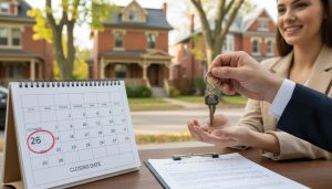 Calendar marked with closing date, real estate contract and keys with Georgetown Ontario street in background