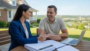 Realtor advising homeowner with closing documents outside a Georgetown, Ontario house