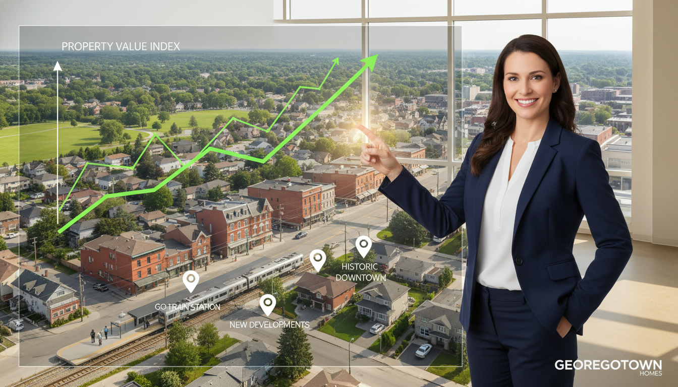 Realtor pointing at an upward property value chart over an aerial view of a Georgetown, Ontario neighborhood.