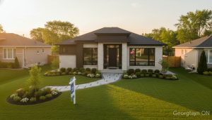 Professional exterior photo of a Georgetown Ontario home at golden hour with a 'For Sale' sign and subtle 'Sold' overlay