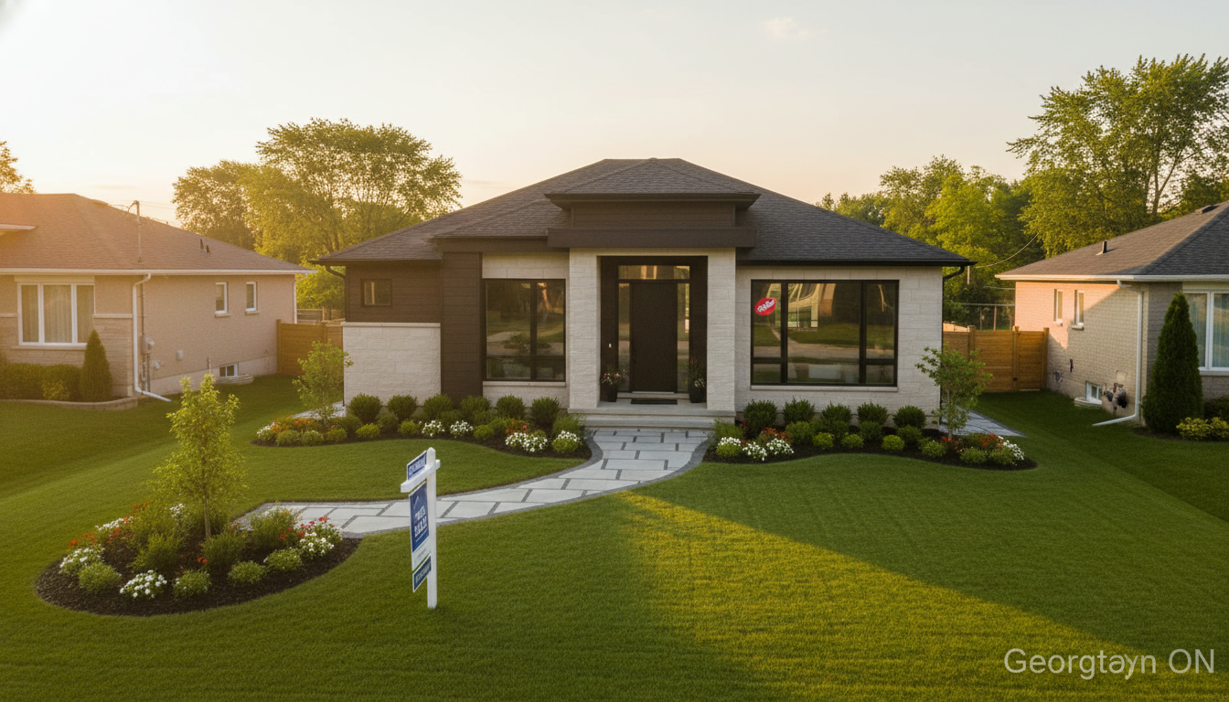 Professional exterior photo of a Georgetown Ontario home at golden hour with a 'For Sale' sign and subtle 'Sold' overlay