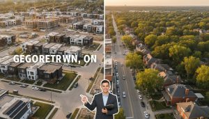 Split view of modern new-build subdivision and mature Georgetown neighbourhood at golden hour