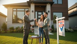 Realtor handing keys to home buyers in front of a Georgetown, Ontario home with mortgage documents on a table