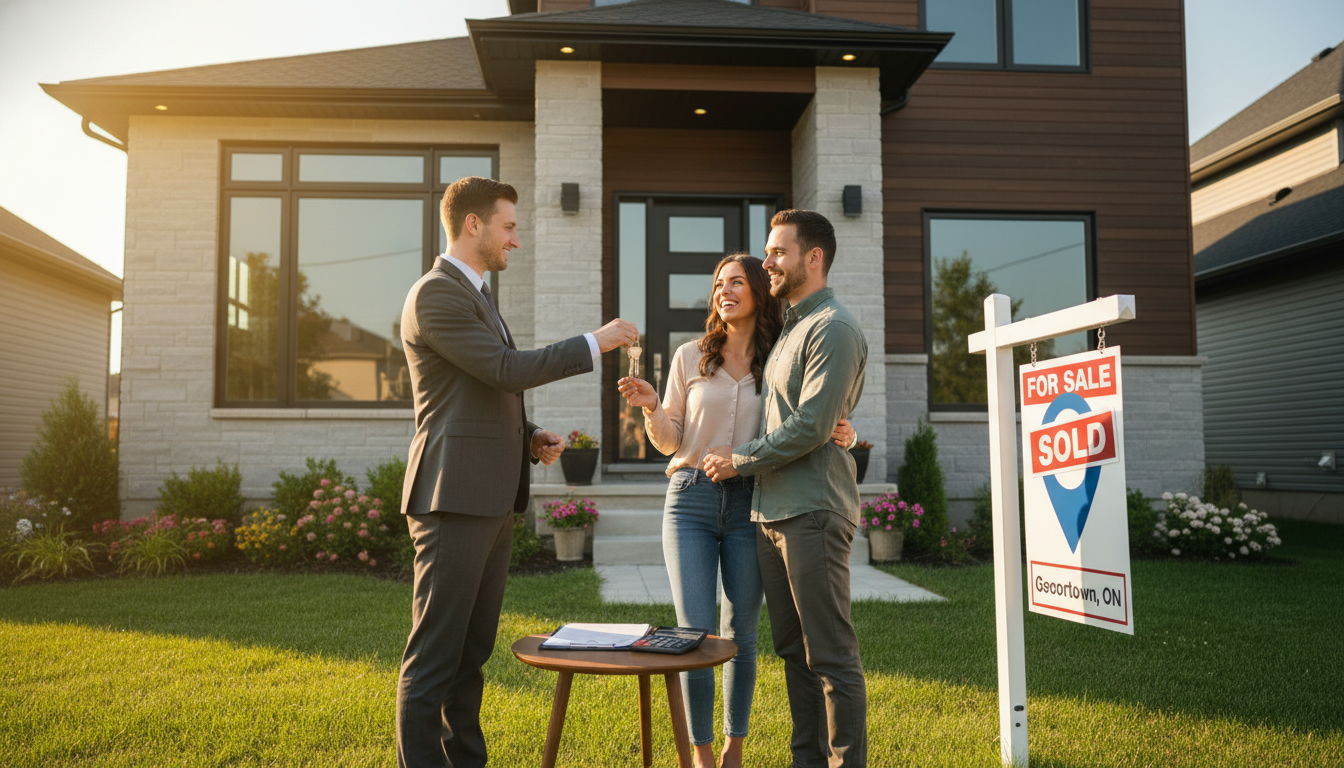Realtor handing keys to home buyers in front of a Georgetown, Ontario home with mortgage documents on a table