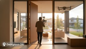 Videographer filming a modern Georgetown Ontario home with drone overhead at golden hour.