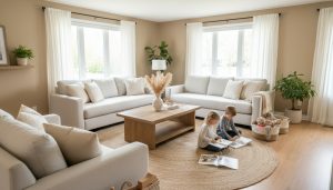 Bright staged living room in a Georgetown family home with tidy toy baskets and children reading quietly in a corner.