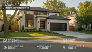 Modern Georgetown, Ontario house with mortgage monthly payment infographic overlay
