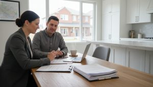 Real estate lawyer and homeowner reviewing closing documents in a Georgetown, Ontario home