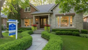 Staged Georgetown, Ontario home exterior with For Sale sign and tidy curb appeal
