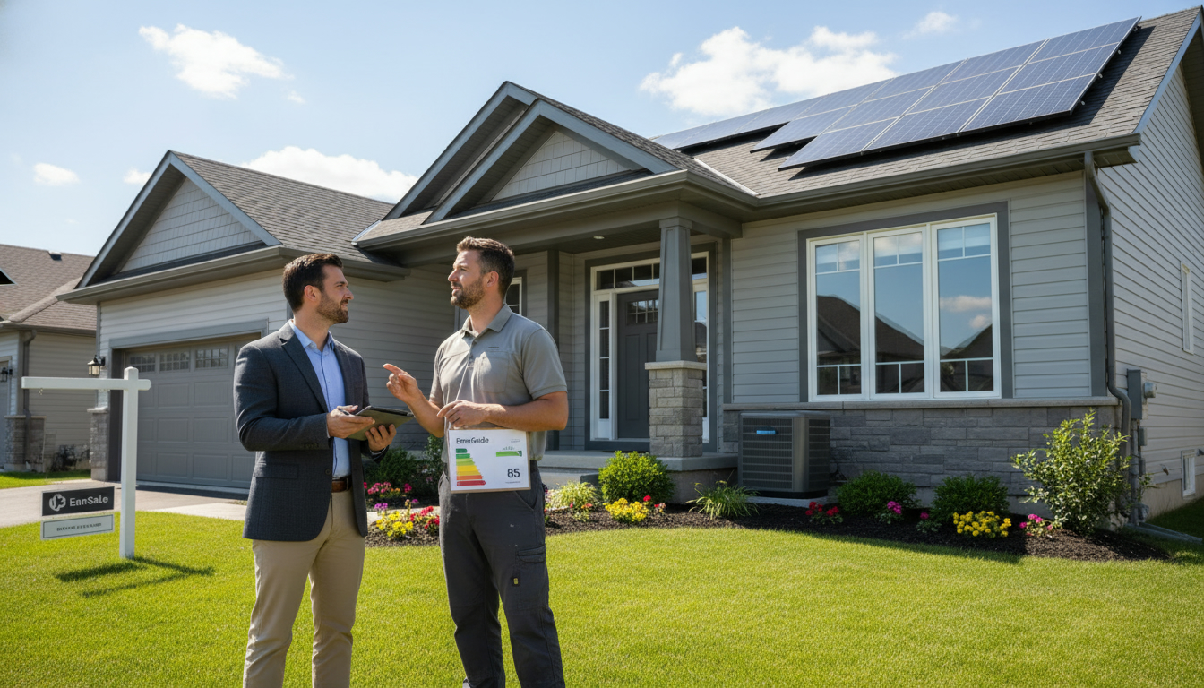 Realtor and contractor inspecting an energy-efficient Georgetown home with solar panels and heat pump, EnerGuide report visible.
