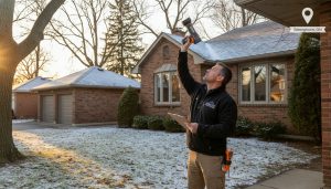 Home inspector examining a suburban house in Georgetown, Ontario with clipboard and tools