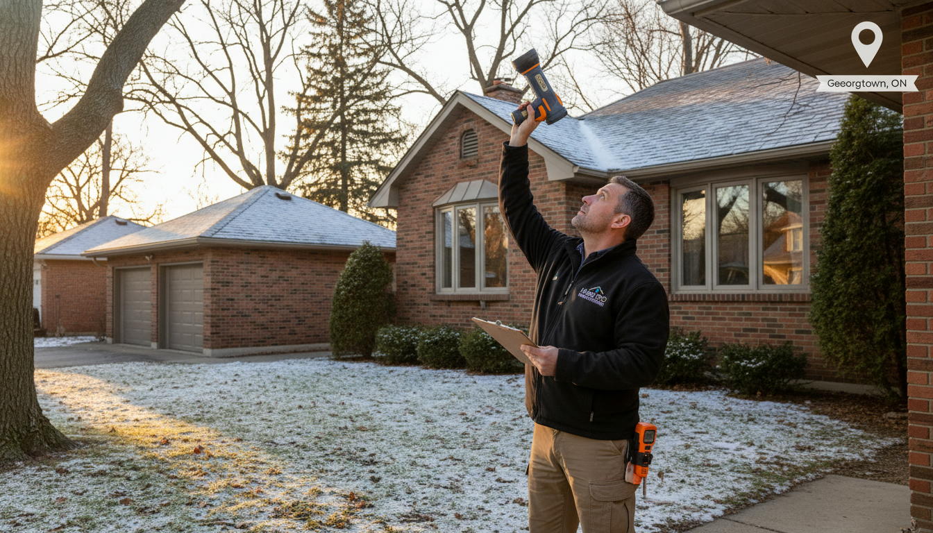 Home inspector examining a suburban house in Georgetown, Ontario with clipboard and tools