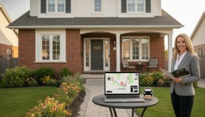 Georgetown Ontario home with virtual tour on laptop and map pins from Toronto indicating out-of-town buyers