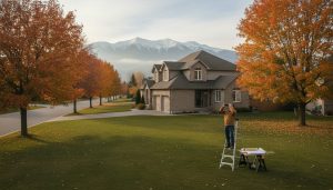 Detached house in Georgetown Ontario with homeowner and contractor inspecting roof