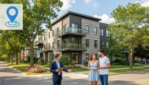 Three-storey multi-unit residential building in Georgetown, Ontario with realtor and prospective renters outside.