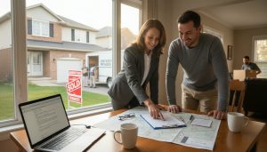 Georgetown home seller and lawyer reviewing title documents at closing with movers outside