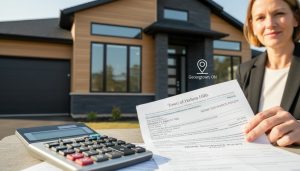 Georgetown house with calculator, property tax bill labeled Town of Halton Hills, and home insurance documents on a table in foreground.