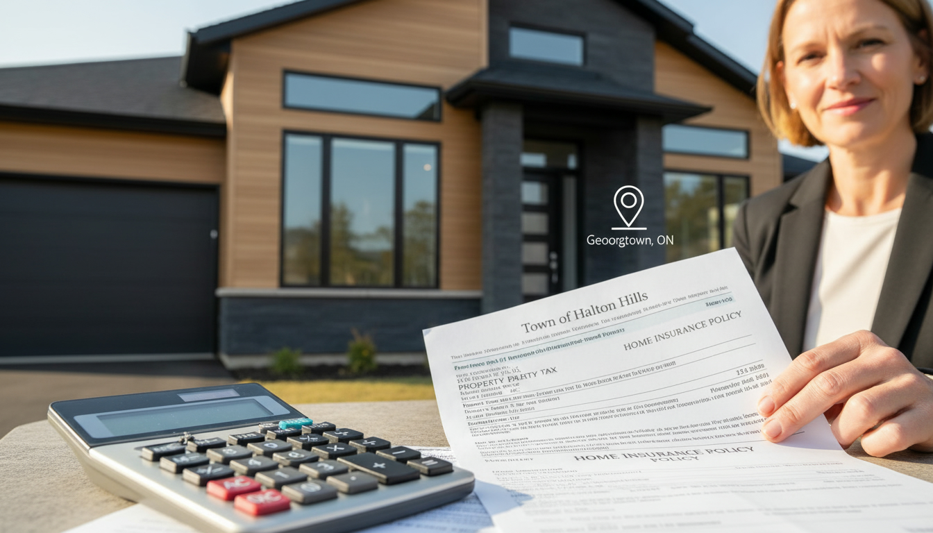 Georgetown house with calculator, property tax bill labeled Town of Halton Hills, and home insurance documents on a table in foreground.