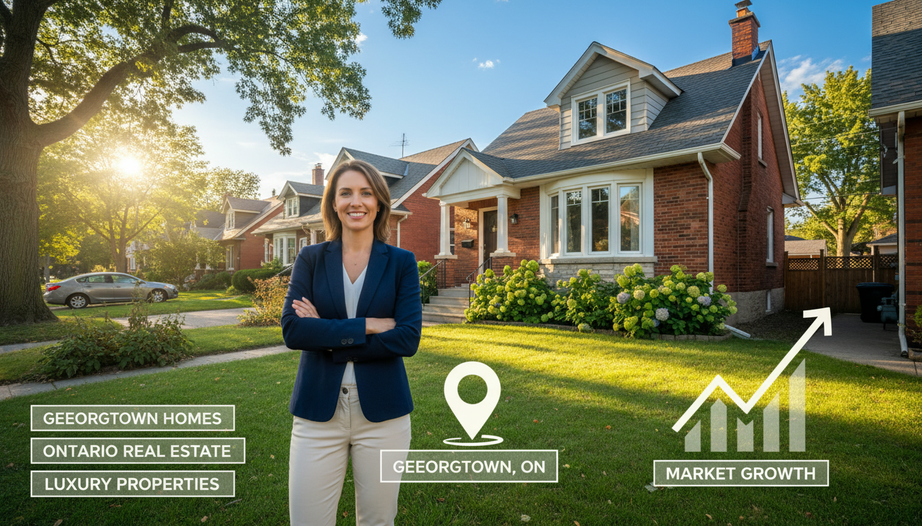 Real estate agent in front of a Georgetown, Ontario home with SEO keyword graphics and map pin overlay