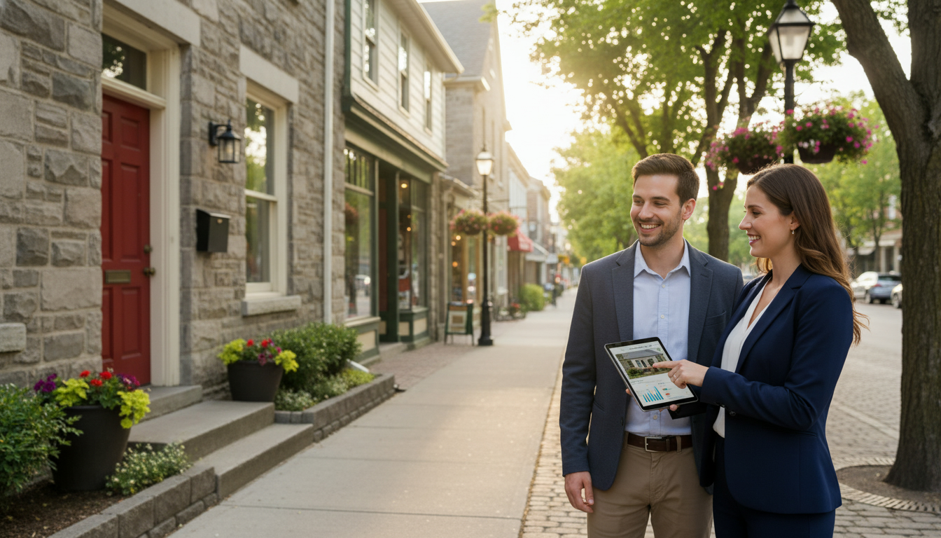 Real estate agent discussing listing details with a couple outside a Georgetown, Ontario home, tablet showing listing data.