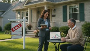 Realtor and homeowner reviewing pricing strategy in front of a Georgetown home with CMA on laptop and a 'Sold' sign.