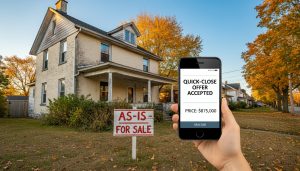 Georgetown Ontario house with 'AS-IS - FOR SALE' sign and Realtor phone showing quick-close offer