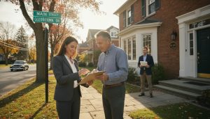 Realtor and homeowner reviewing an appraisal report outside a Georgetown, Ontario home on Main Street