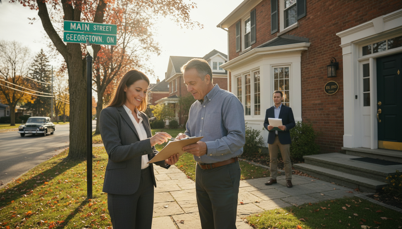 Realtor and homeowner reviewing an appraisal report outside a Georgetown, Ontario home on Main Street