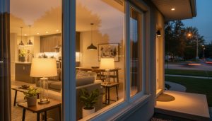Staged Georgetown home interior with warm lights on at dusk, showing welcoming lighting and curb appeal.