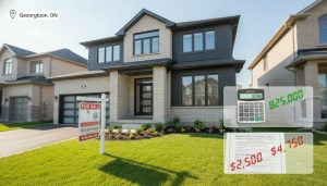 Georgetown Ontario house for sale with insurance documents and calculator illustrating rising premiums