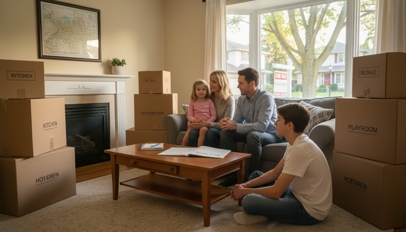 Georgetown family discussing moving plans in a living room with packed boxes and a Realtor folder