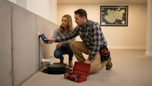 Home inspector checking sump pump and foundation wall in a Georgetown basement with moisture meter