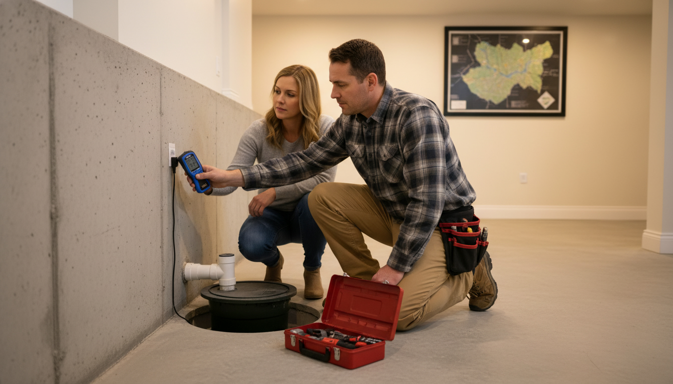 Home inspector checking sump pump and foundation wall in a Georgetown basement with moisture meter
