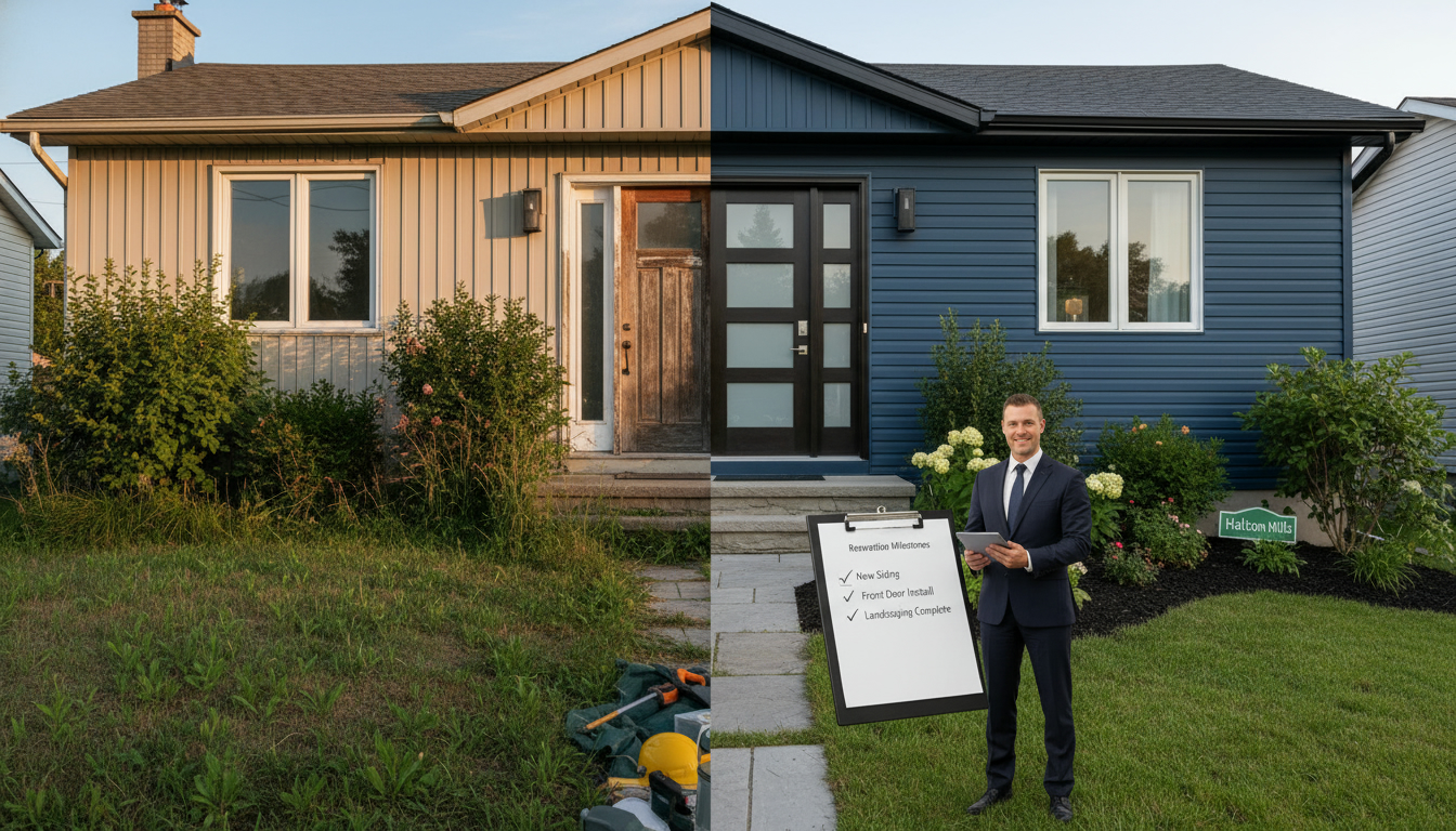 Split-view of a Georgetown home before and after renovation with a renovation checklist and realtor nearby