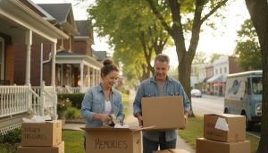 Middle-aged couple packing boxes outside a charming Georgetown, Ontario home near the Credit River, labeled boxes reading 'MEMORIES'.