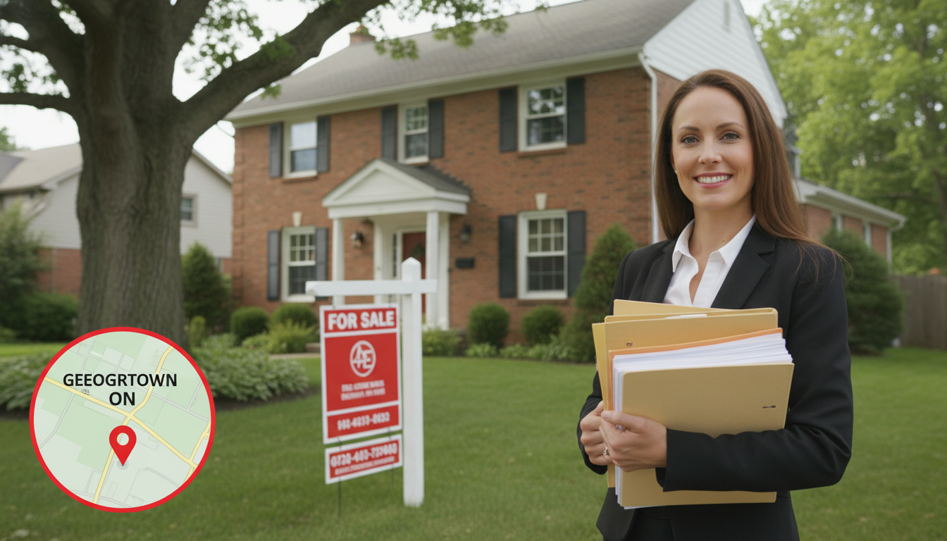 Realtor outside a Georgetown, Ontario house with legal documents and a for sale sign